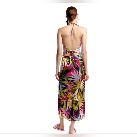 ZARA MULTICOLORED TROPICAL PRINT CUT OUT OPEN BACK DRESS SIZE S. - Picture 4 of 16